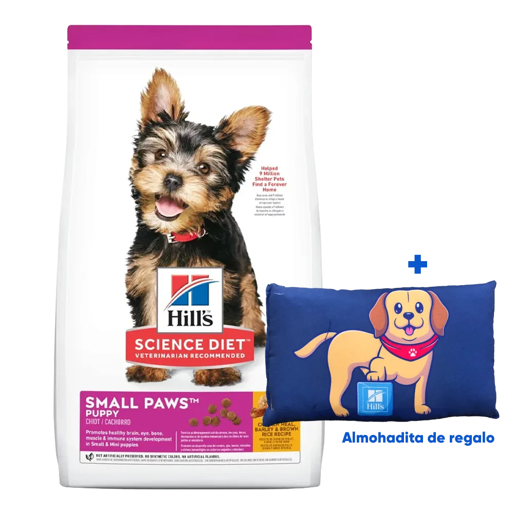 Bolsa blanca de alimento Hill's Science Diet Puppy Small Paws, es un alimento para perros cachorros de raza pequeña y mini, la bolsa tiene detalles rosados oscuros y un perro yorkshire cachorro en el centro de la bolsa.
