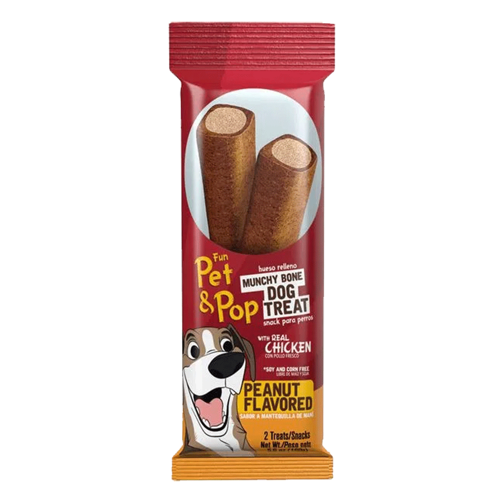 Empaque rojo de Fun Pet & Pop Munchy Bone Sabor Maní barra masticable para la salud dental de perros