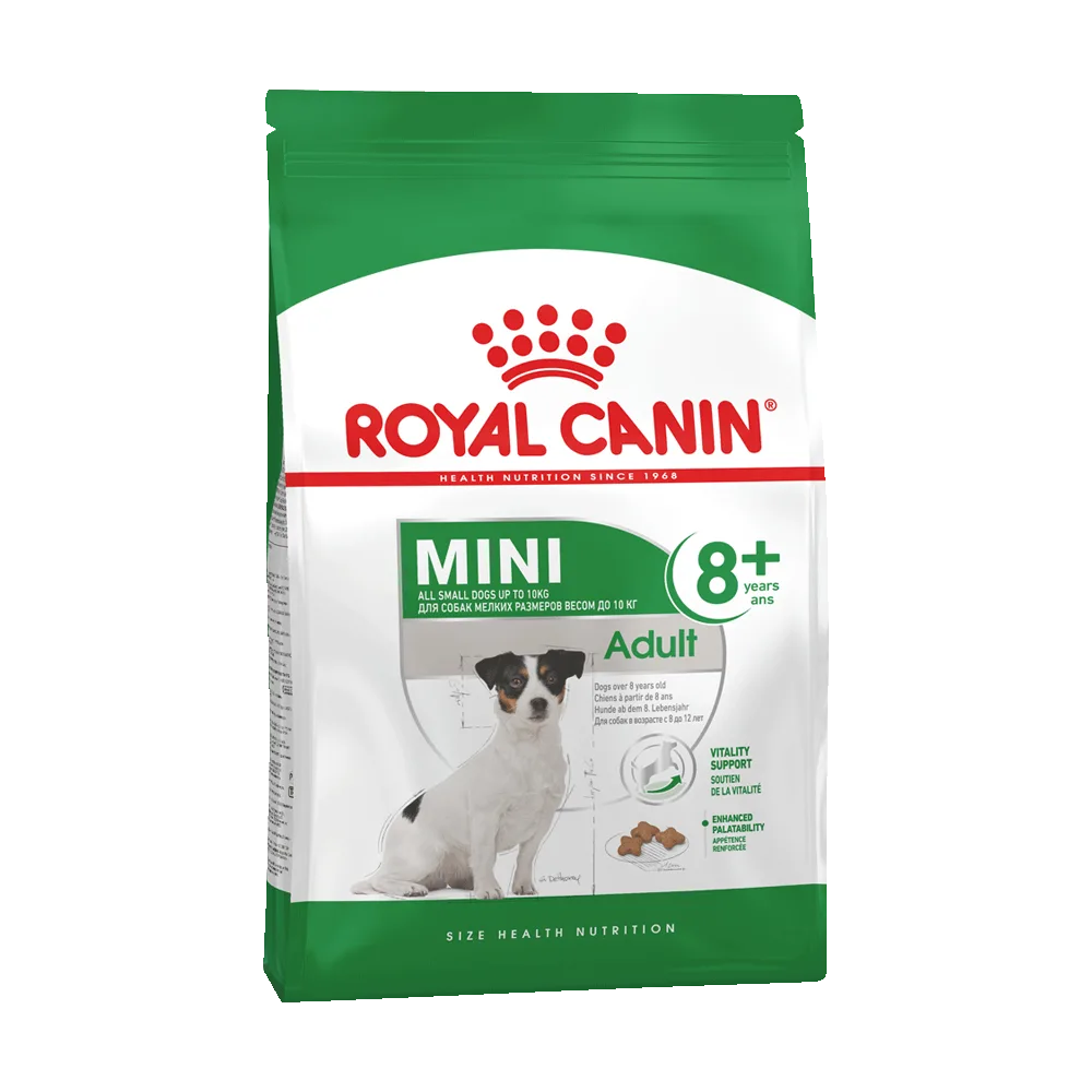 Bolsa blanca y verde de alimento Royal Canin Mini Adult 8+