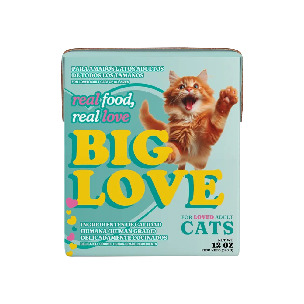 Envase de cartón tetrapack de 340 g del alimento húmedo para gatos Big Love, el empaque es color verde agua con un gato naranja saltando en la portada.