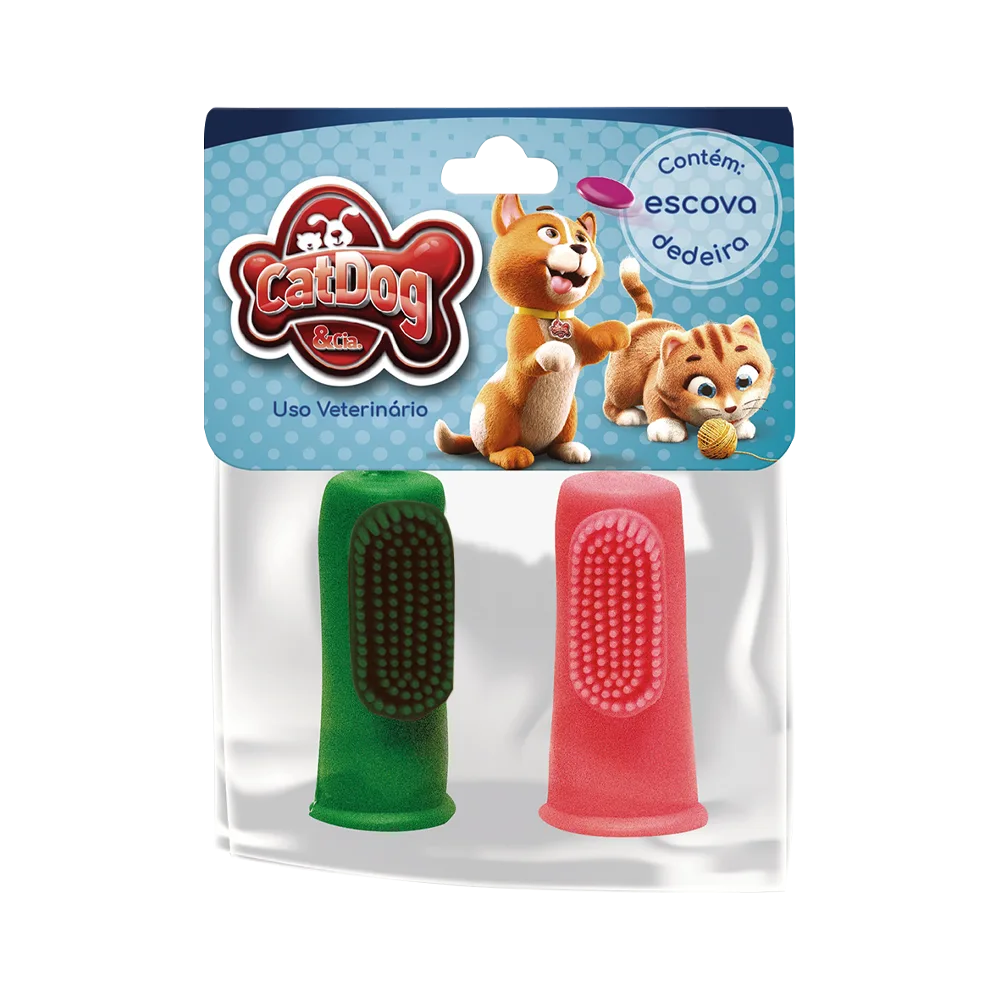 Pack de dos cepillos dentales de dedo de la marca CatDog, es un envoltorio de plástico transparente con dos dedales dentales en el interior, uno es rosa y otro es verde oscuro