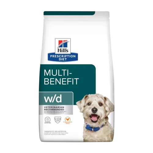Bolsa de alimento Hill's Prescription Diet Canine w/d Multi-Benefit para gatos, la bolsa es blanca con detalles verdes azulados en todos claros y oscuros y un perro blanco en la esquina inferior derecha