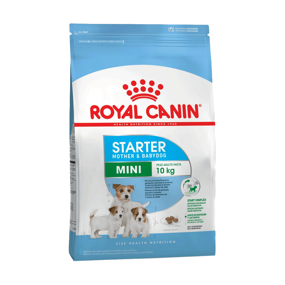 Bolsa blanca con detalles celestes de alimento Royal Canin Perro Starter Mini Mother & Babydog