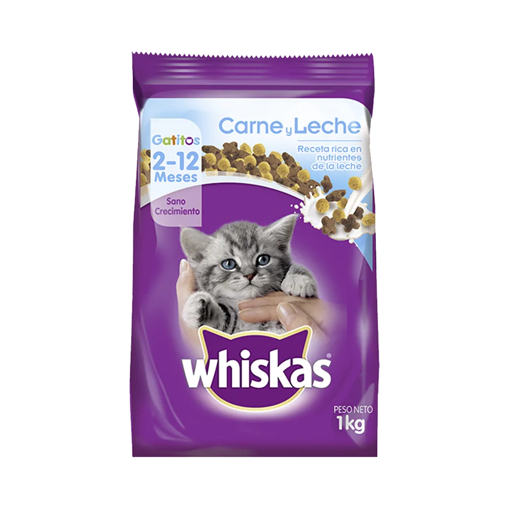 Bolsa de Whiskas Gatito sabor carne y leche en su presentación de 1kg. Es de color violeta con detalles celestes y la imagen de un gato