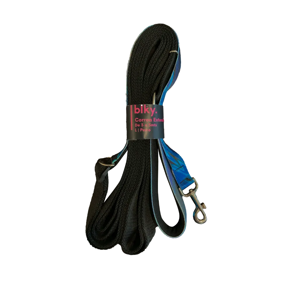 Correa Extensible talla L con estampado agua marina en colores azules llamado Ramé con una correa color negro que se extiende desde los 3 m hasta los 5 m de largo.  