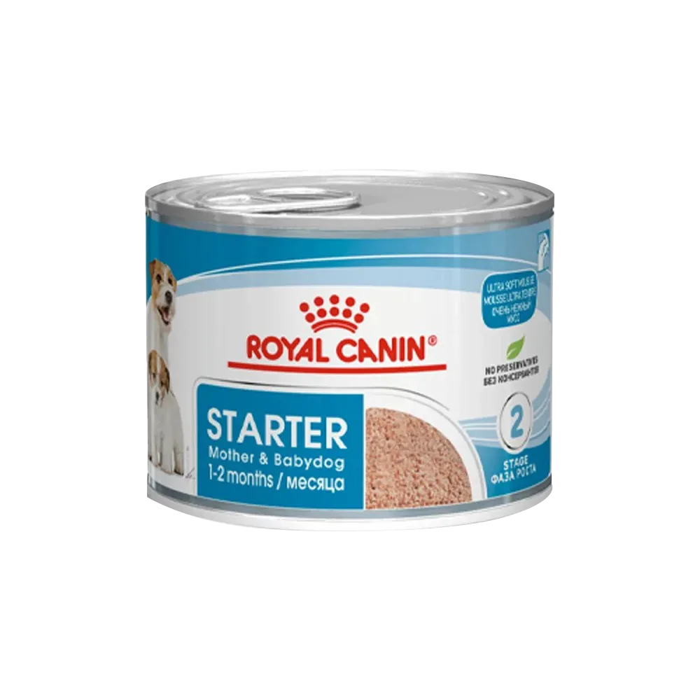 Lata blanca con detalles celestes de alimento húmedo Royal Canin Starter Mousse para cachorros hasta los 2 meses y perras lactantes