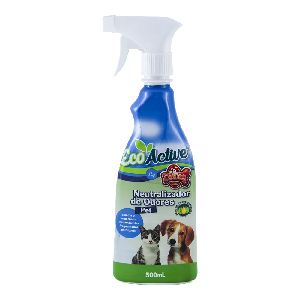 Frasco pulverizador color azul con detalles verdes con un perro y un gato en la portada, es el producto Neutralizador de Olores de la marca CatDog para eliminar olores de superficies causados por las heces y la orina.
