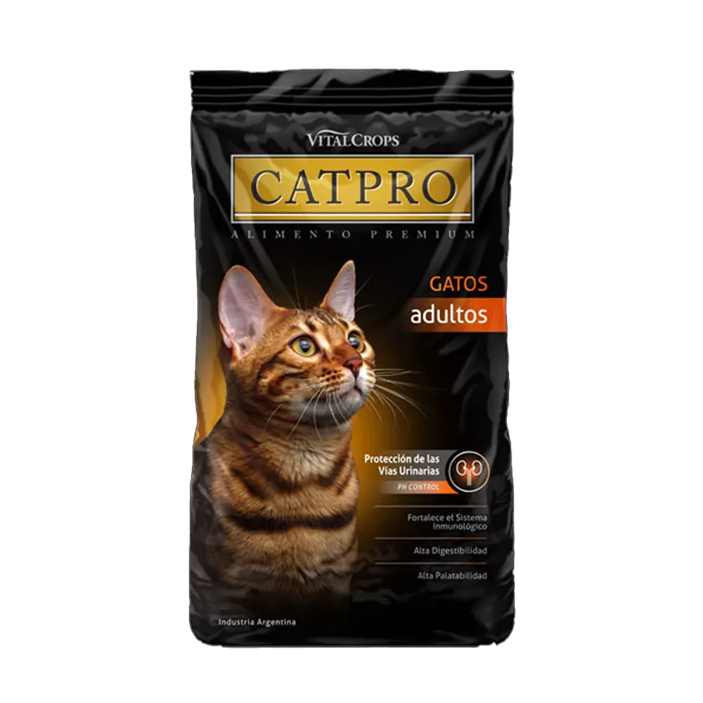 Bolsa negra con detalles dorados y un gato anaranjado en la portada de CatPro Adulto, un alimento premium para gatos desde los 12 meses de vida