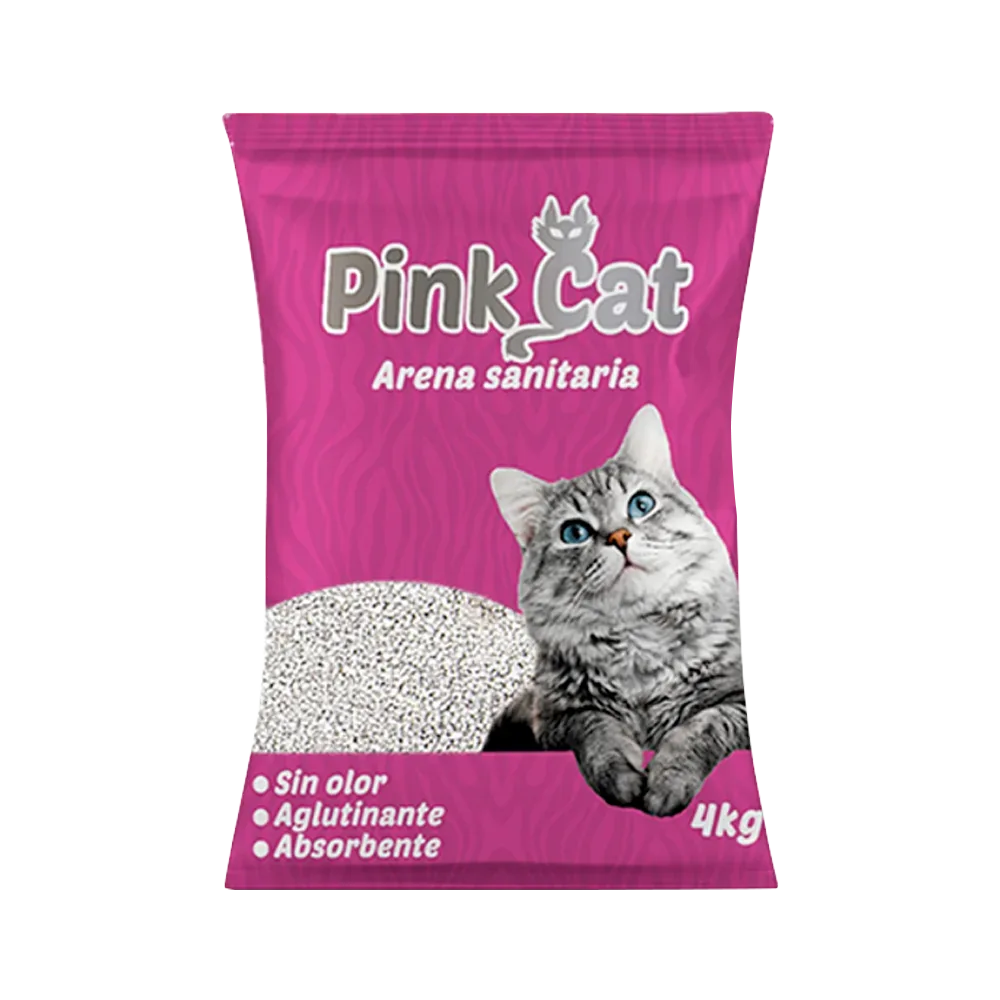 Empaque color rosa con un gato en la portada de arena sanitaria aglomerante para gatos Pink Cat en su presenación de 4 kg