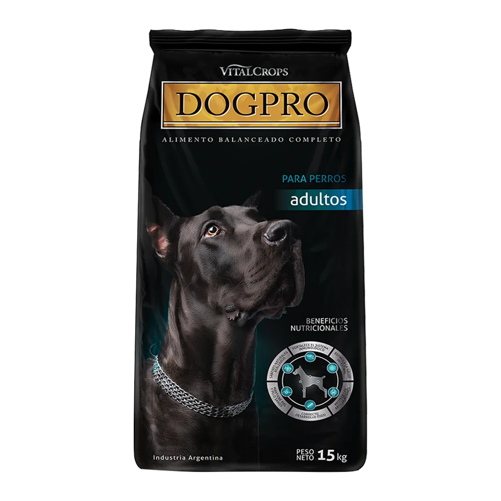 Bolsa negra de 15 kg de alimento DogPro para perros adultos de toda raza, tiene detalles dorados y calipso y un perro gran danés negro en el frente y acompañada de un frisbee de regalo