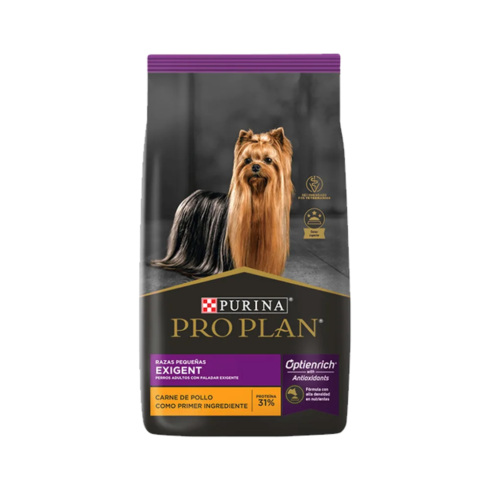 Bolsa negra con detalles morados y naranjas con un perro yorkshire en la porta, de alimento Pro Plan para perros exigentes