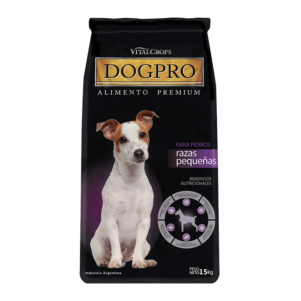 Bolsa negra de alimento DogPro Adulto Mordida Pequeña para perros de talla pequeña. Tiene detalles dorados y morados y un perro pequeño color blanco en el frente. Su presentación es de 15 kg 