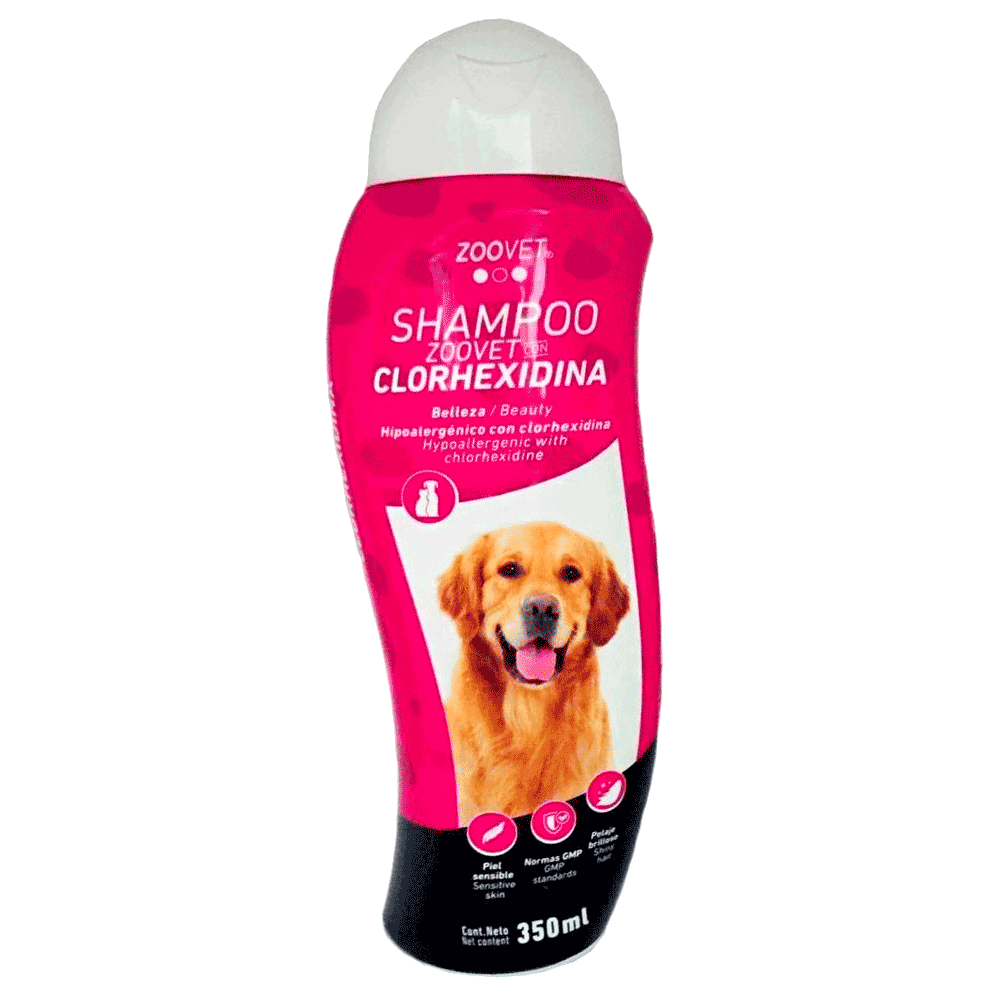 Botella fucsia con detalles negros y blancos de Zoovet Shampoo con Clorhexidina para perros y gatos 