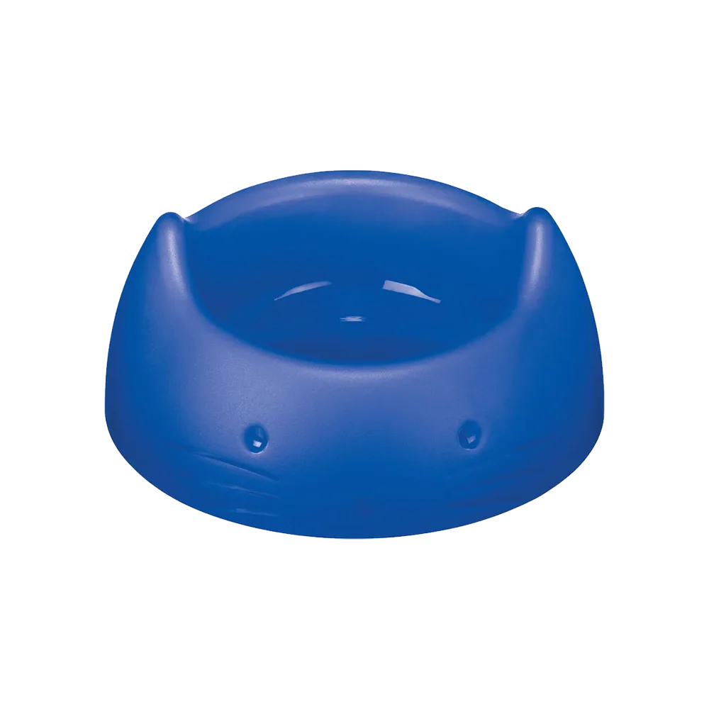 Tazón para gatos de San Remo en color azul. Tiene la cara de un gatito en la parte frontal y una capacidad de 200 mL