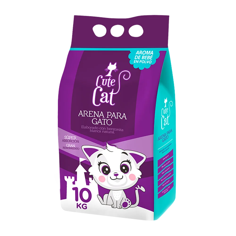 Bolsa de arena sanitaria Cute Cat. Es de color violeta con detalles calipso y tiene una ilustración de un gato blanco, en su presentación de 10 kg