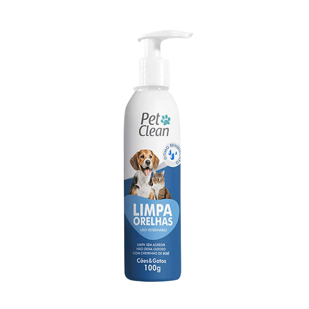 Imagen de Limpiador Ótico de la marca Pet Clean, es un frasco con dosificador de color blanco con detalles azules y tiene un perro y un gato en al portada. Es una loción para limpiar oídos en perros y gatos.