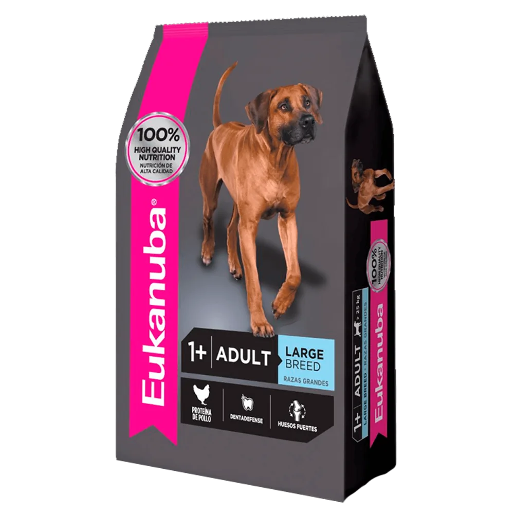 Bolsa gris con detalles rosados de alimento para perro Eukanuba Perro Adulto Raza Grande