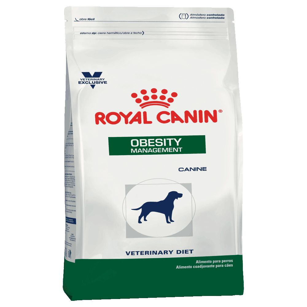 Bolsa blanca con detalles verdes de alimento Royal Canin Obesity Management para perros con problemas de obesidad y sobrepeso
