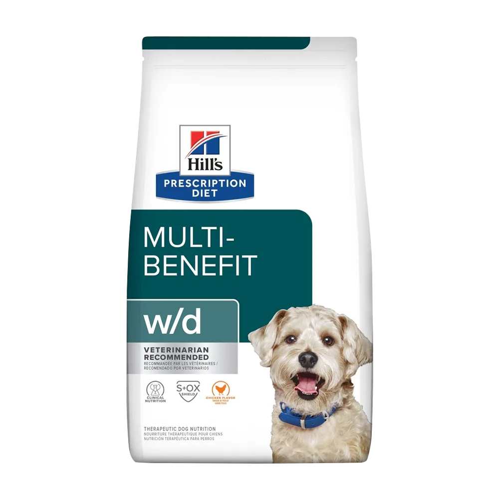 Bolsa de alimento Hill's Prescription Diet Canine w/d Multi-Benefit para gatos, la bolsa es blanca con detalles verdes azulados en todos claros y oscuros y un perro blanco en la esquina inferior derecha