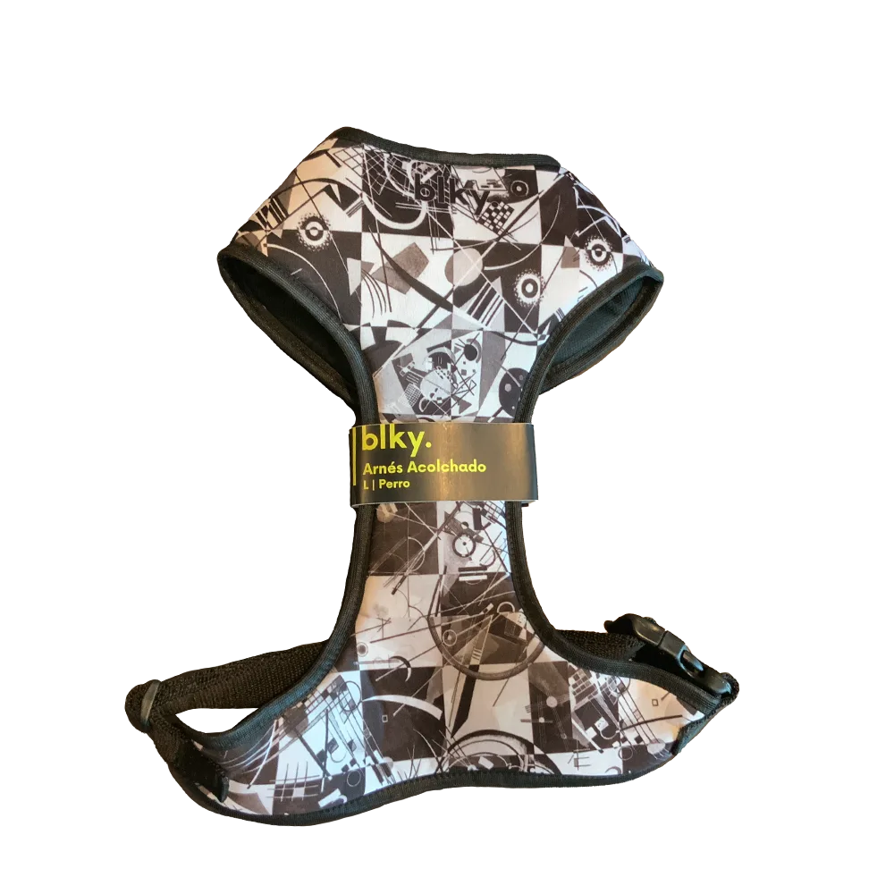 Pechera Arnés Blky Talla L para perro grande con estampado "Vasili". El estampado es de color blanco y negro inspirado en el artista Vasili Kandinski