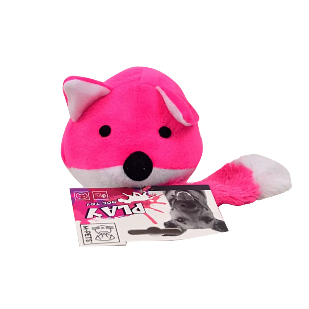 Peluche Zorro M-Pets para perros en color rosado, tiene orejas blanca y cola larga con un chillador en la punta. 