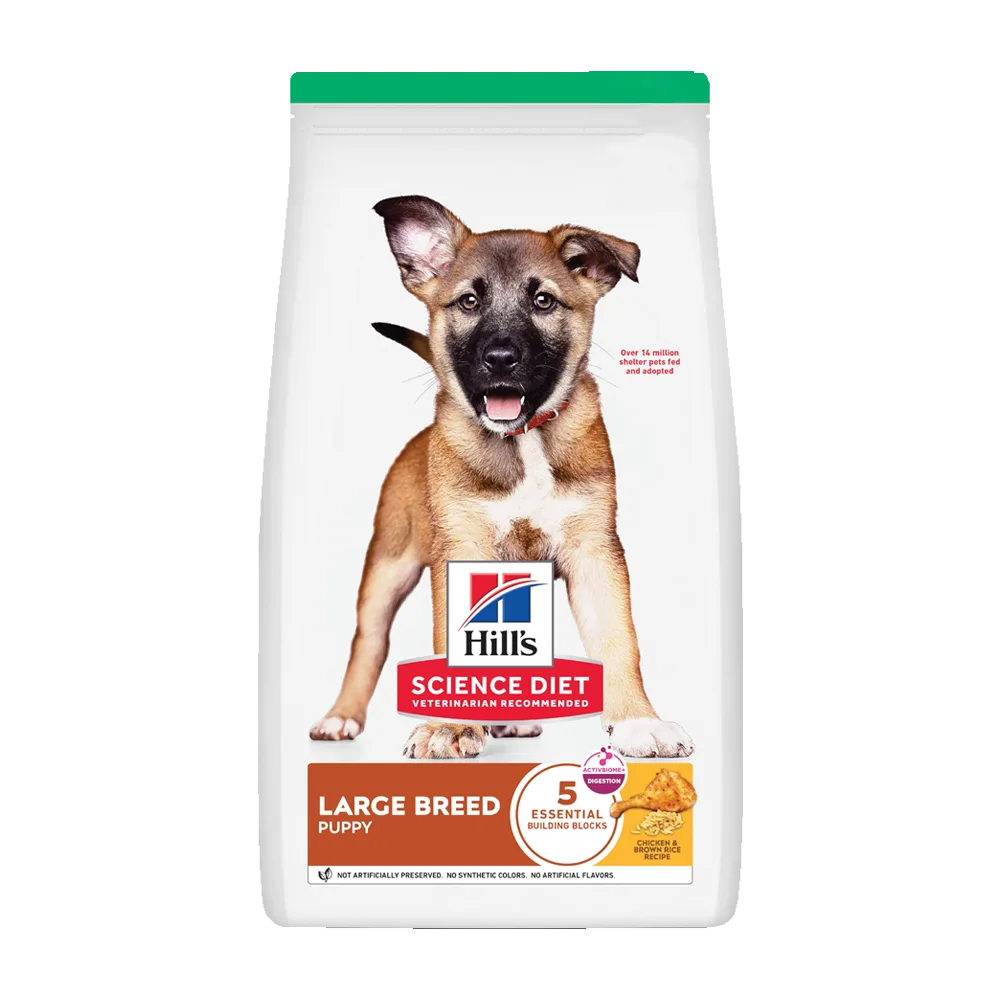Bolsa blanca con una franja verde en la parte superior, es el alimento Hill's Science Diet Puppy Large Breed para cachorros de talla grande, tiene un cachorro labrador rubio en la portada