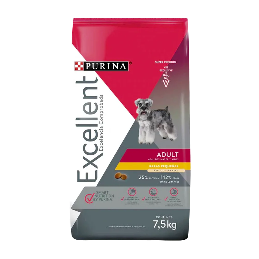 Bolsa blanca con detalles grises y rosa oscuro de Excellent Adulto Razas Pequeñas. Alimento seco para perros adultos