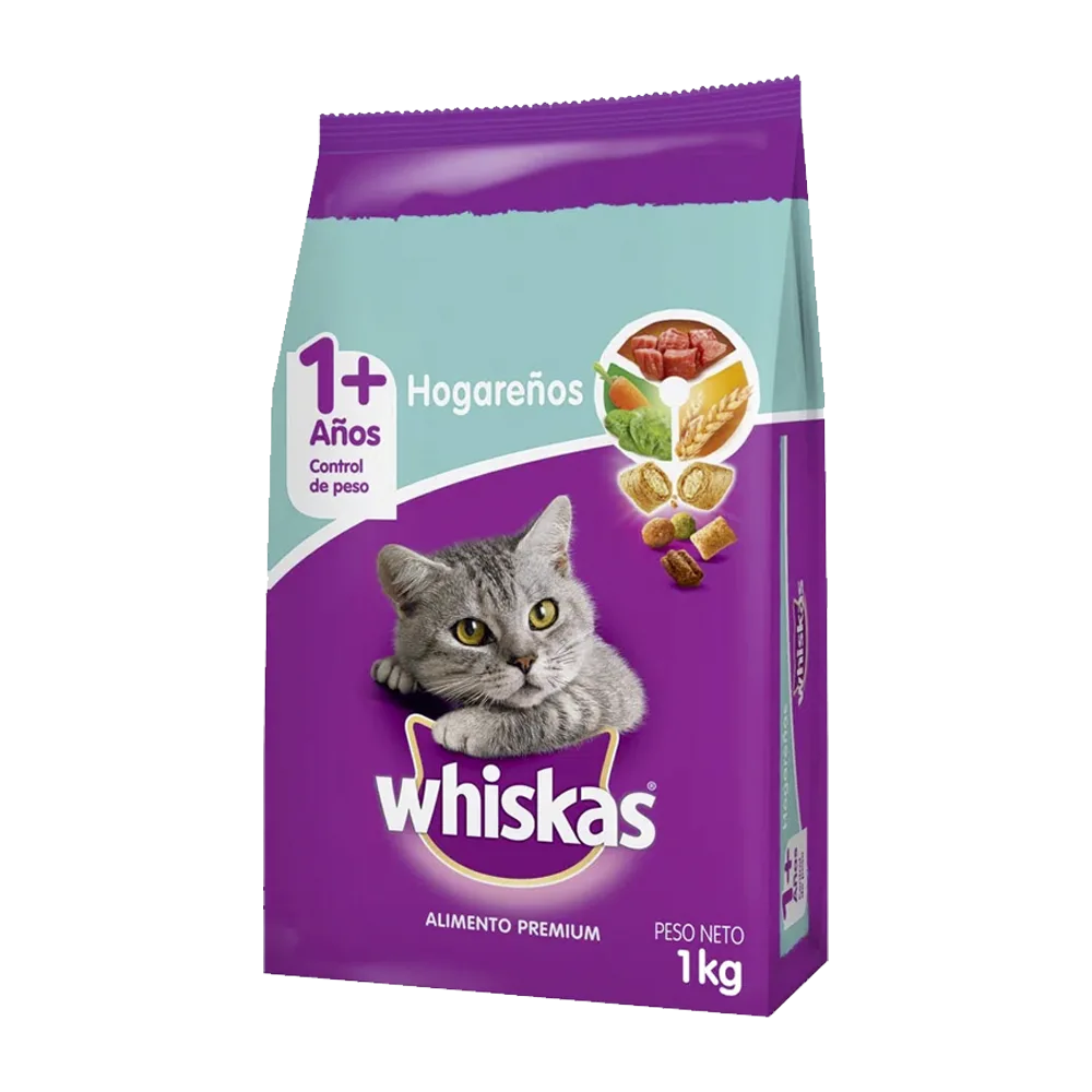 Bolsa de alimento para gato Whiskas Adulto Hogareño en su presentación de 1 kilo. Color violeta con detalles verdes claro