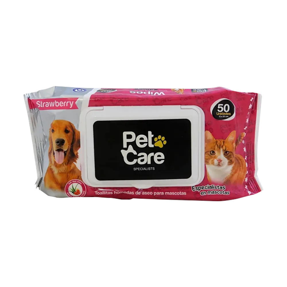 Empaque color rojo de toallitas húmedas Pet Care para perros y gatos en aroma frutilla