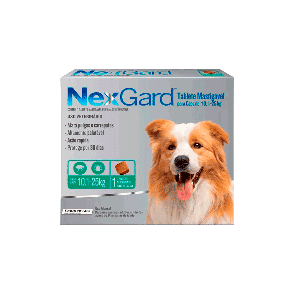 Caja pequeña color plomo y letras azules de Nexgard Perros de 10 a 25 kg para combatir los parásitos externos de 1 tableta