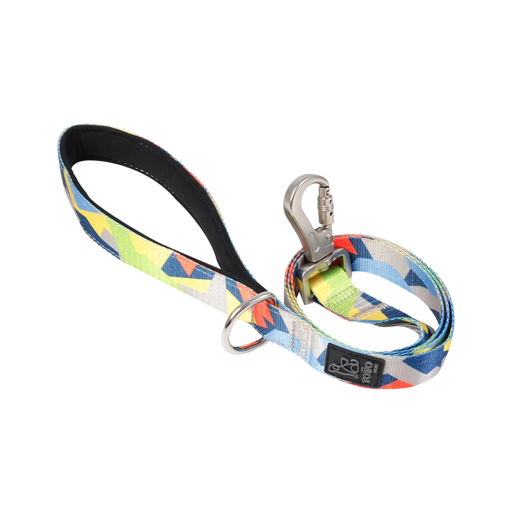 Correa para perros y gatos talla S modelo Odye de la marca Totto. Es de color verde con detalles geométricos azules y amarilos