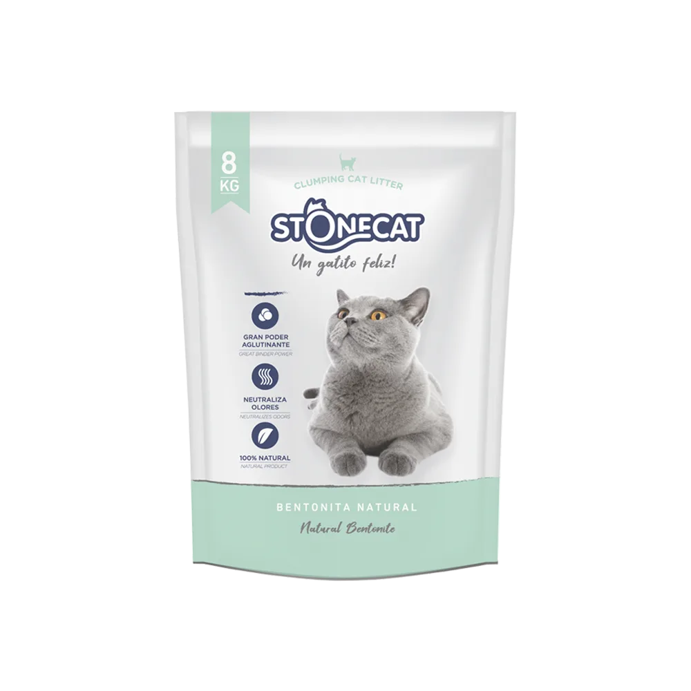 Bolsa de 8 kg blanca con detalles verdes claro de Stonecat Arena Sanitaria aglomerante para gatos