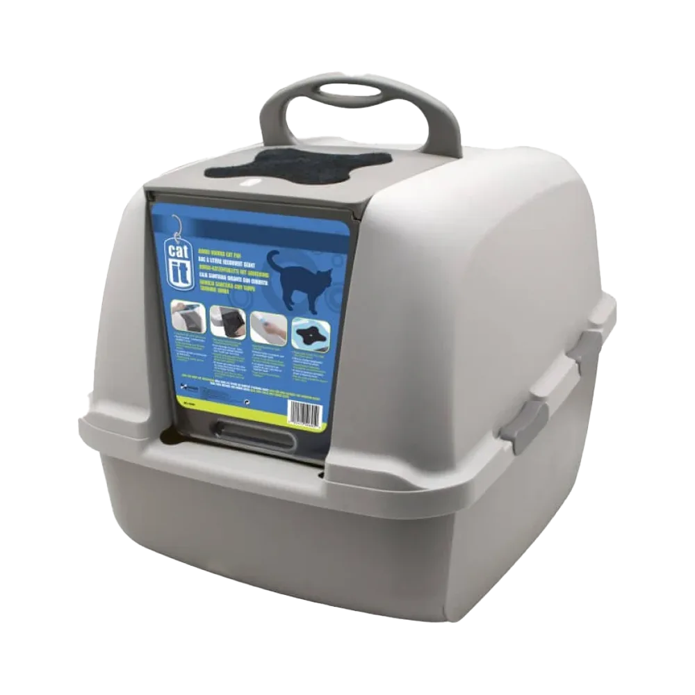 Imagen de Arenero Cubierto Jumbo Catit para gatos, es un arenero gris y una puerta vaiven para la entrada del gato transparente ahumado. Ideal para hogares con múltiples gatos