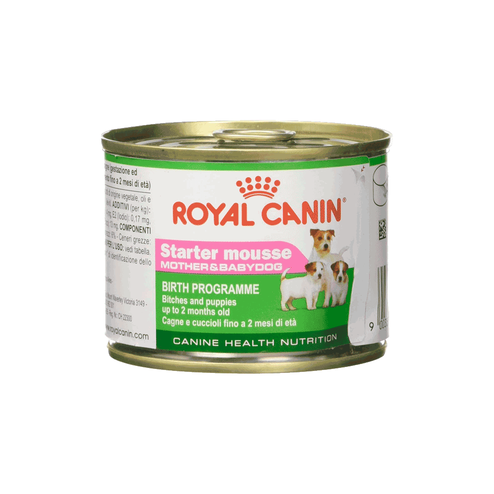 Lata blanca con verde de alimento Royal Canin Perro Starter Mousse Mother & Babydog