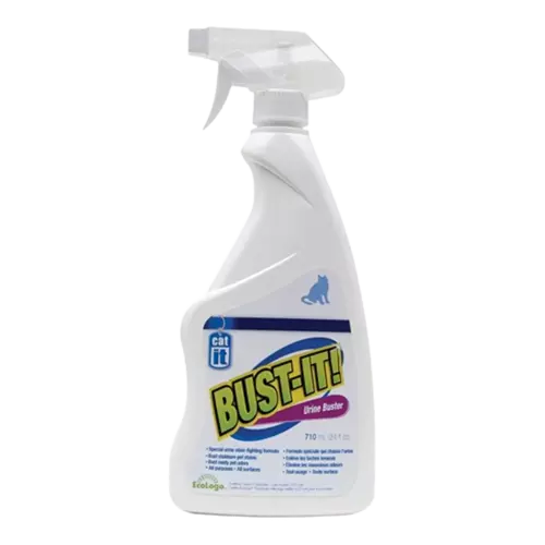 Limpiador de orina y heces para gatos de la marca Bust-It. Es de color blanco con detalles azules y verde limón