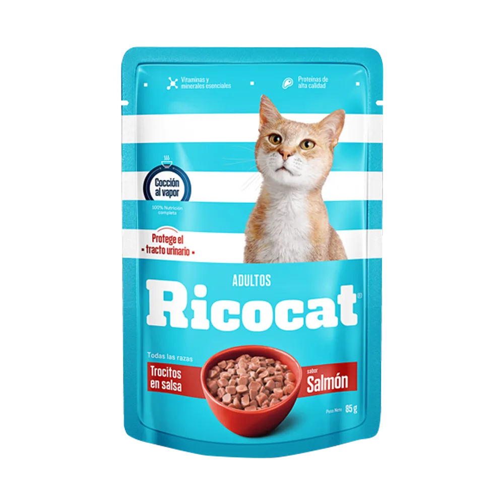Sobre de alimento húmedo Ricocat Adulto Trocitos de Salmón 85 gramos. Es de color celeste con líneas blancas y tiene un gato pardo