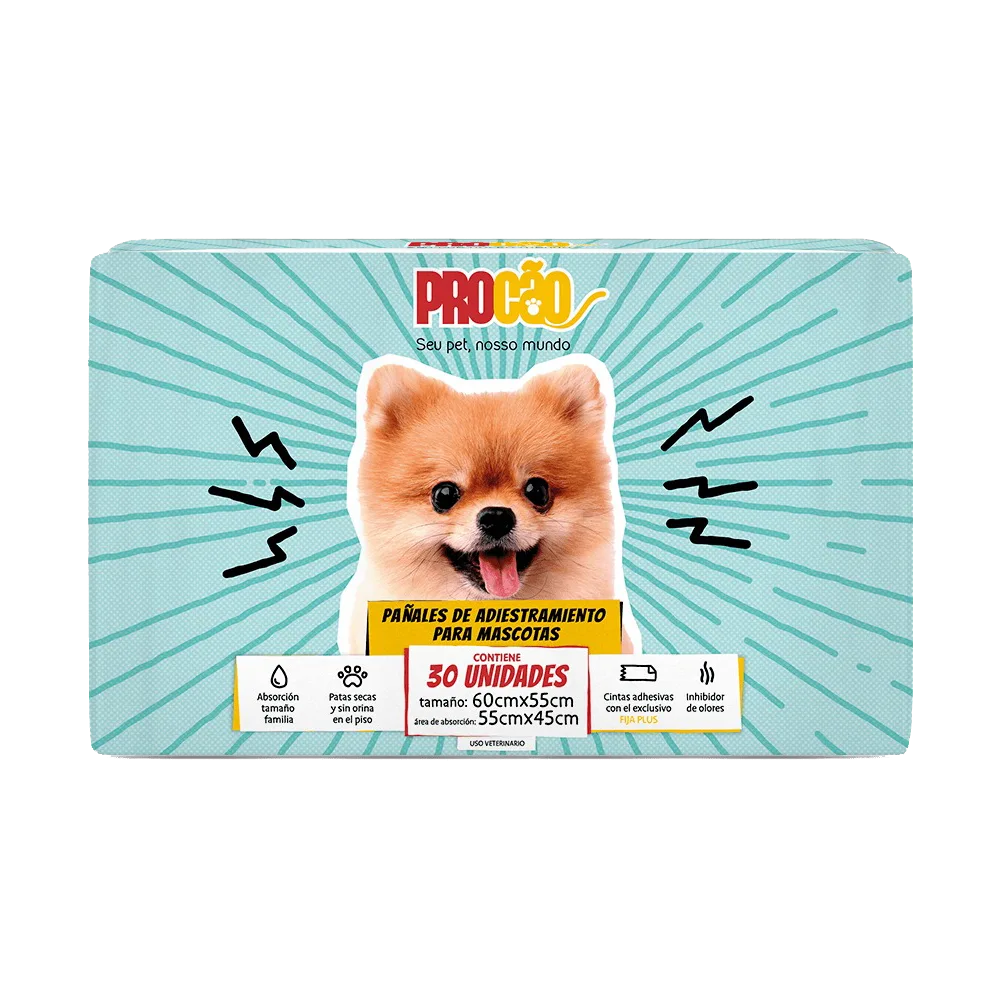 Imagen de paquete de Paños de Entrenamiento Procao en su presentación de 30 unidades. Empaque color celeste con un perro pequeño color marrón en la cara frontal. 