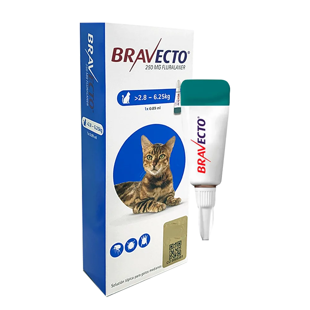 Caja blanca con detalles azules y un gato bengal en el centro, además hay una pipeta blanca con verde a lado de la caja. Es el producto Bravecto Spot On Gatos 2,8 a 6,25 kg una solución tópica para las infestaciones de pulgas y garrapatas en gatos