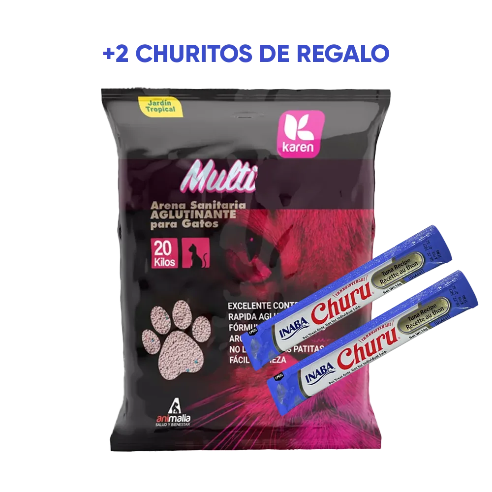 Bolsa negra con detalles rosados y la silueta de un gato en la parte derecha inferior en el mismo color, es la Arena Sanitaria Karen para gatos en aroma Jardín Tropical 