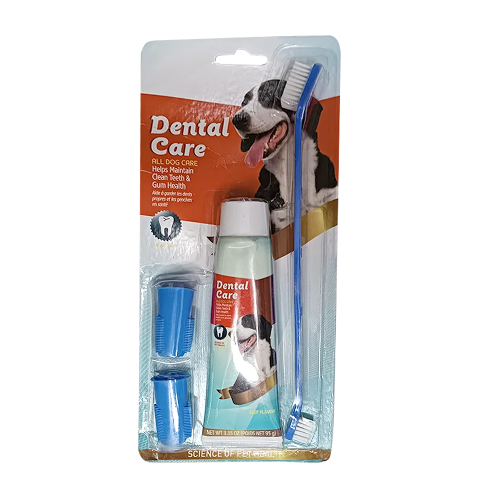 Pack de Pasta Dental y Cepillo de dientes para perro, es un cartón de color blanco con detalles rojos que contiene una pasta dental para perros de 95g y viene con un cepillo azul de cabeza doble y dos dedales dentales color azul