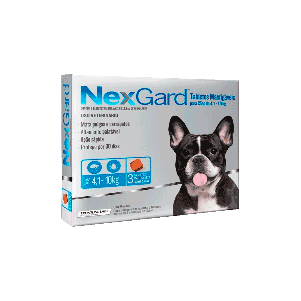Caja pequeña color gris con detalles azules de Nexgard Perros de 4 a 10 kg para combatir los parásitos de 3 tabletas