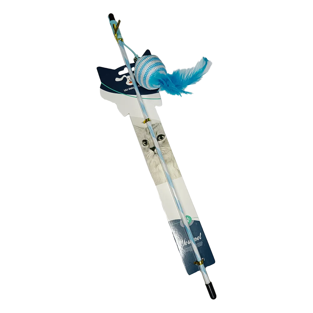 Varita Para Gatos de la marca Lili Mascota, es una varita de plástico con un elástico celeste y una pelota celeste con blanco una pluma en un extermo
