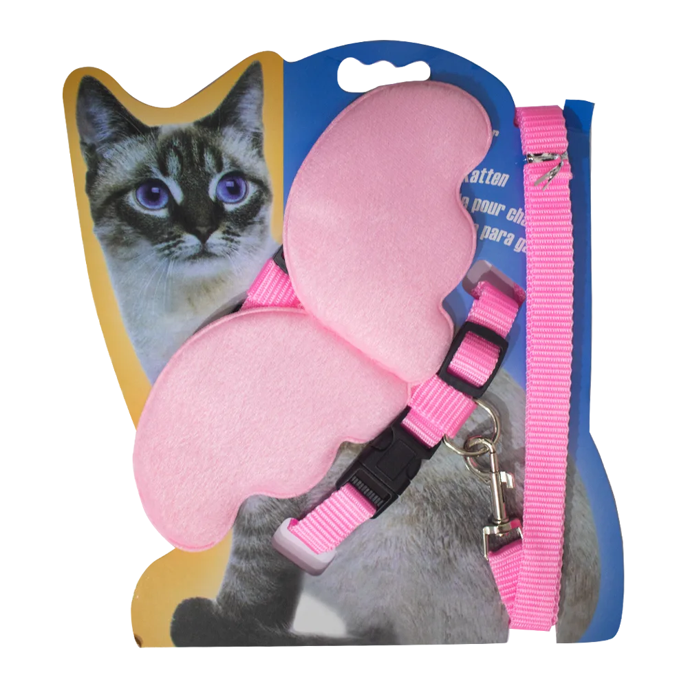 Empaque azul con detalles amarillos y un gato siamés portando el Arnés con Alas Para Gatos Medianos color rosa pastel