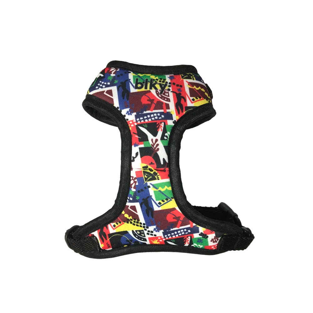 Pechera Arnés Blky Talla XS para perros pequeños con un estampado abstracto con colores rojos y amarillos