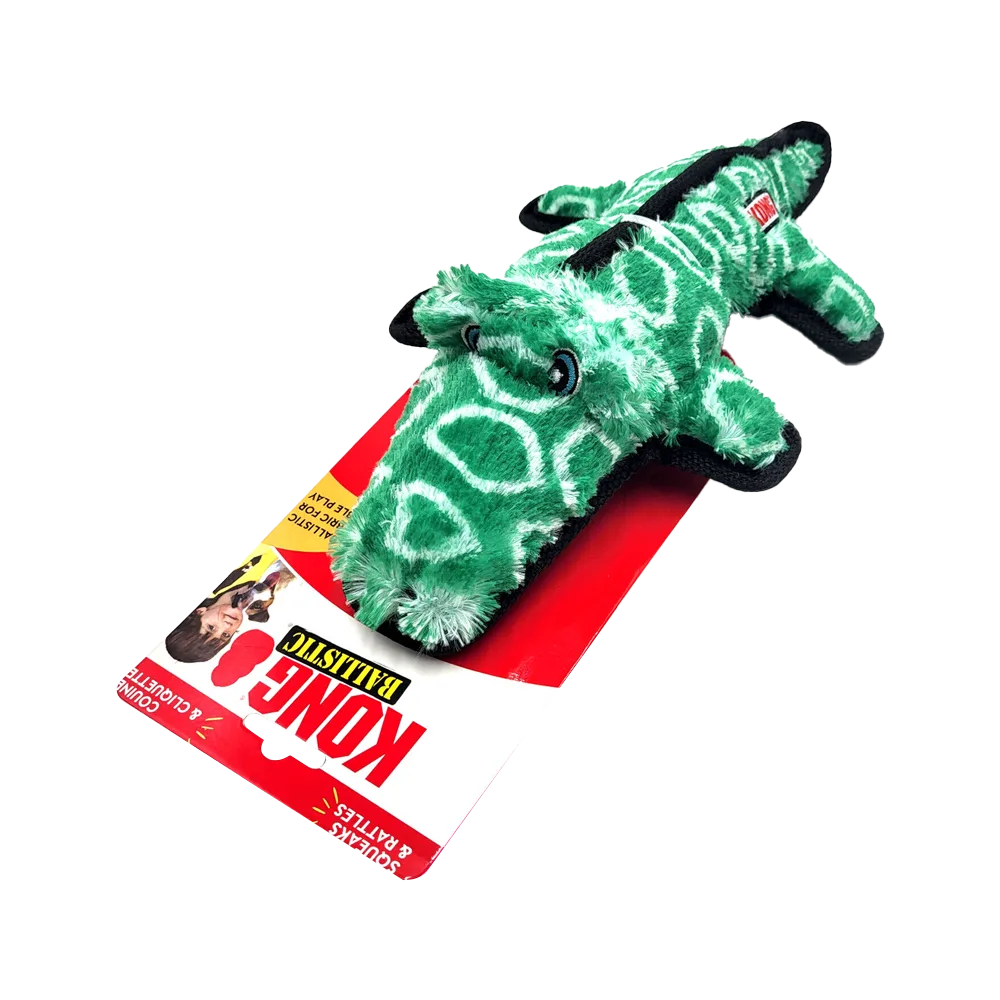 Juguete Kong Ballistic, es un peluche de tela ultra resistente con forma de caimán en color verde para perros