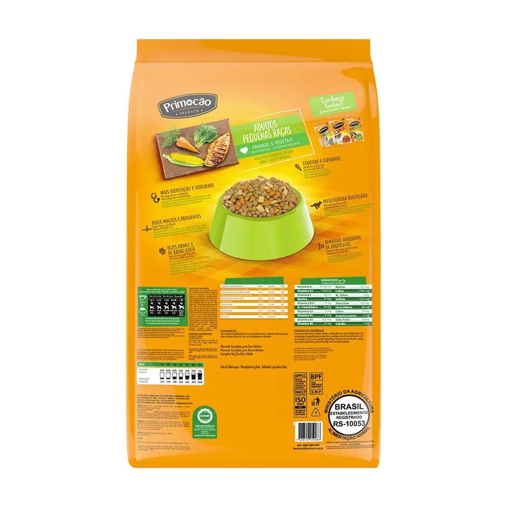 Bolsa de alimento balanceado Primocao Adulto Raza pequeña. Es de color naranja y tiene la imagen de un plato de Primocao lleno además de la información nutricional del alimento.