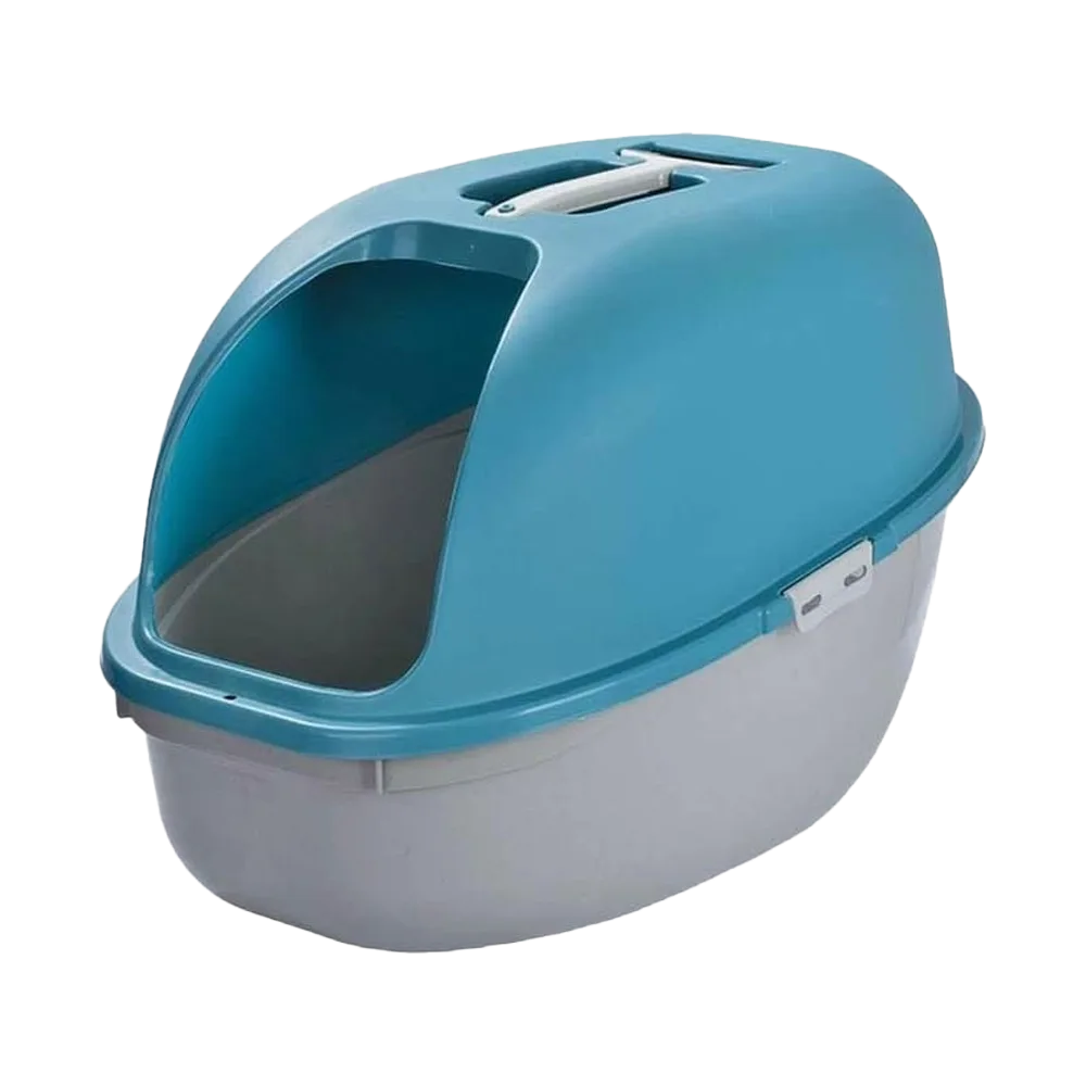 Imagen de Arenero Para Gatos Rimax mostrando todas sus partes: cubierta transparente separada, bandeja color mocca con arena y pala de regalo color mocca