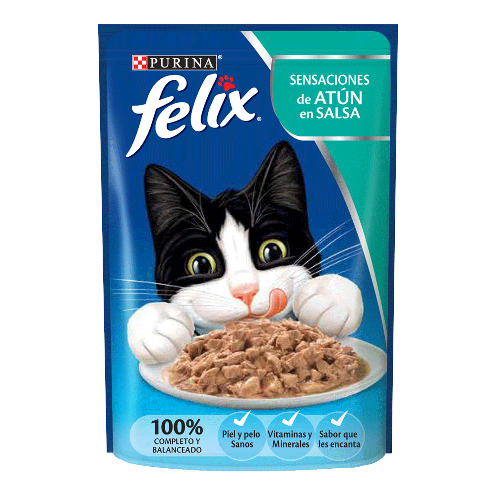 Sobre azul con detalles verdes y celestes de alimento húmedo Felix Atún en Salsa para gatos 