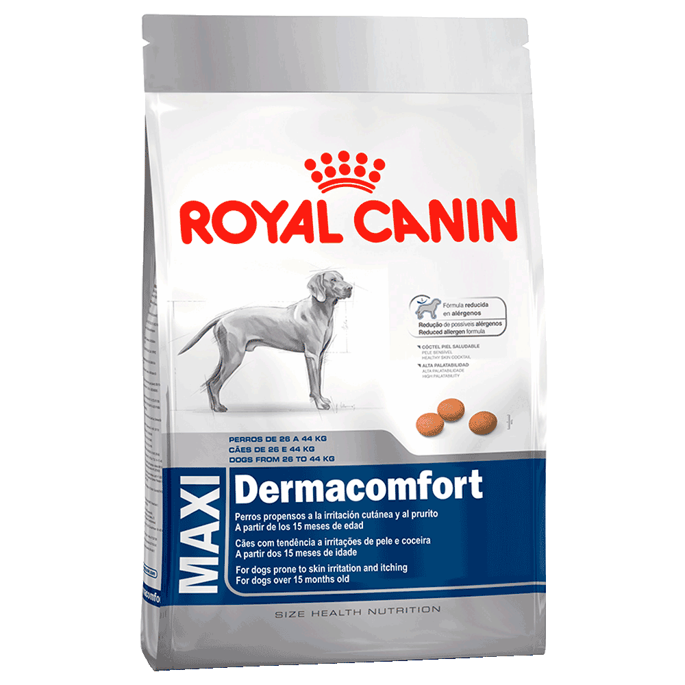 Bolsa gris y azul de alimento Royal Canin Maxi Dermacomfort para perros grandes con problemas dermatológicos