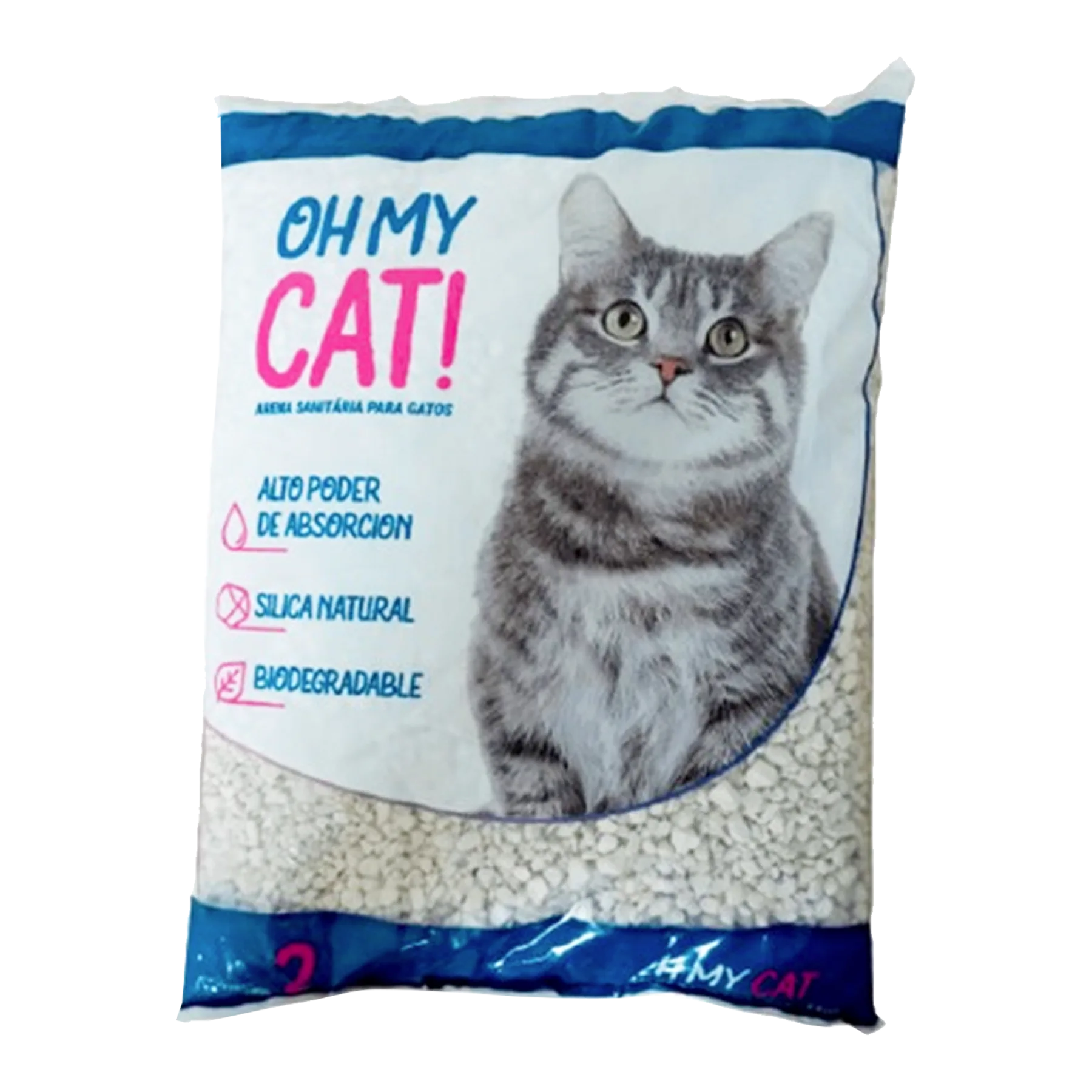 Bolsa blanca transparente con detalles azules y un gato en la portada de Piedras Sanitarias Oh My Cat!